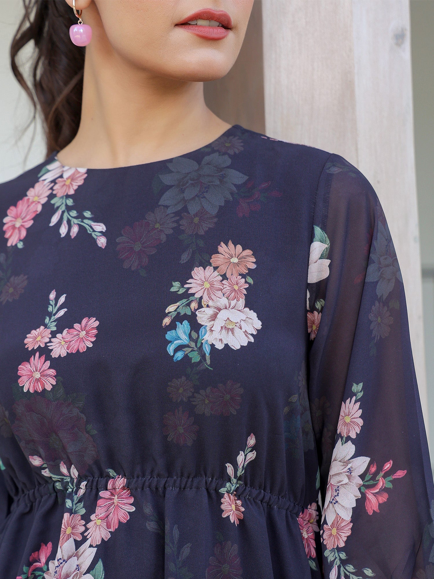 Janasya Dark Georgette Floral A-Line Dress | Swadesiicart