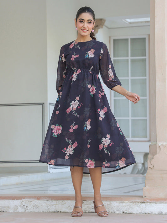 Janasya Dark Georgette Floral A-Line Dress | Swadesiicart