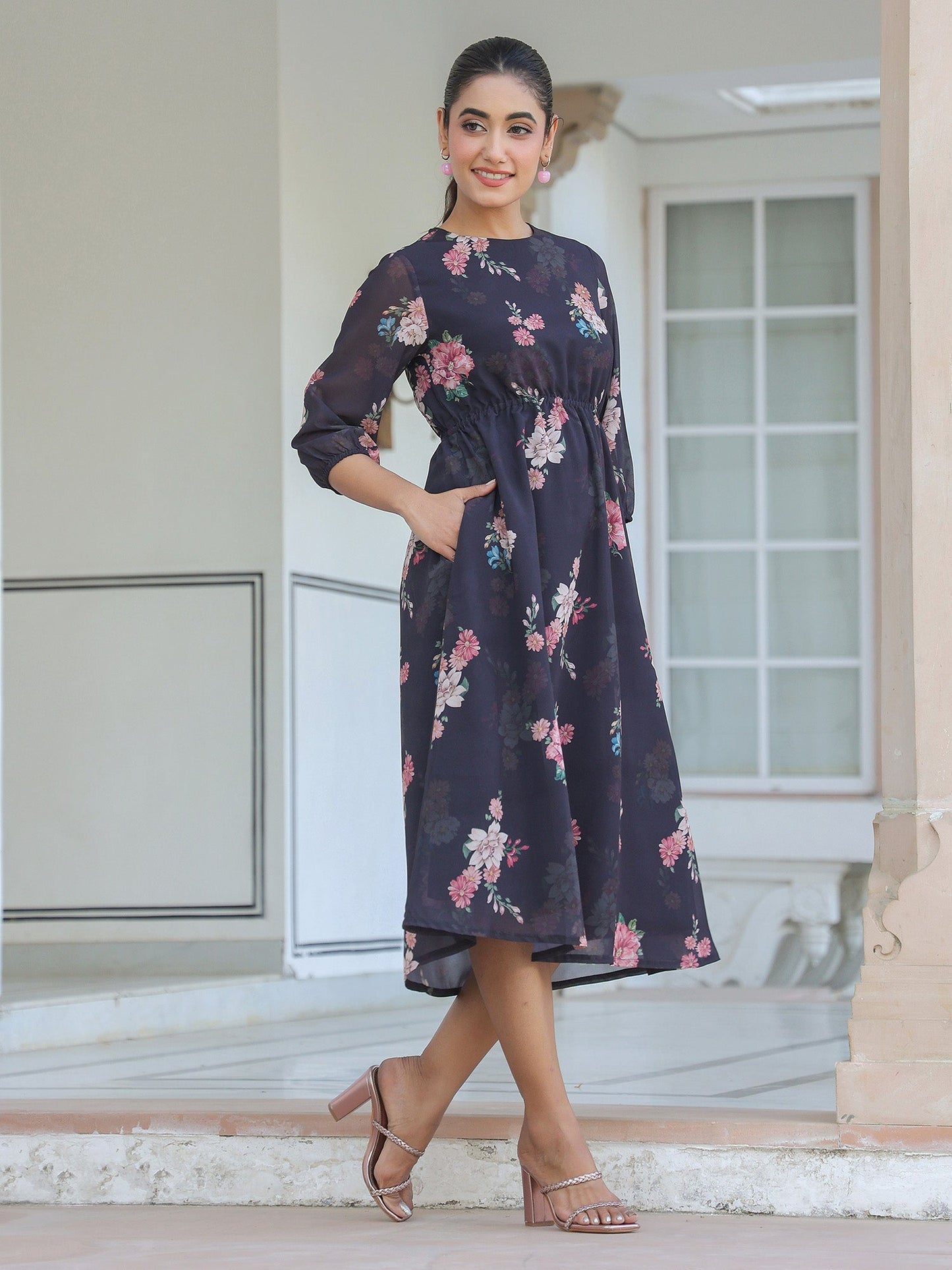 Janasya Dark Georgette Floral A-Line Dress | Swadesiicart