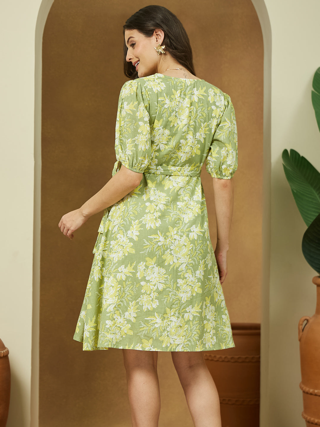 Janasya Light Cotton Floral A-Line Dress | Swadesiicart