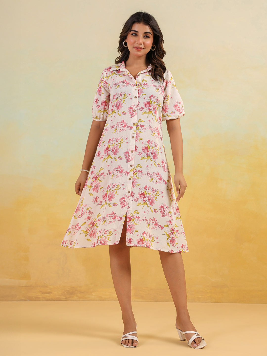 Janasya Light Cotton Floral A-Line Dress | Swadesiicart