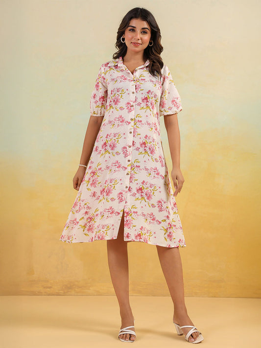 Janasya Light Cotton Floral A-Line Dress | Swadesiicart