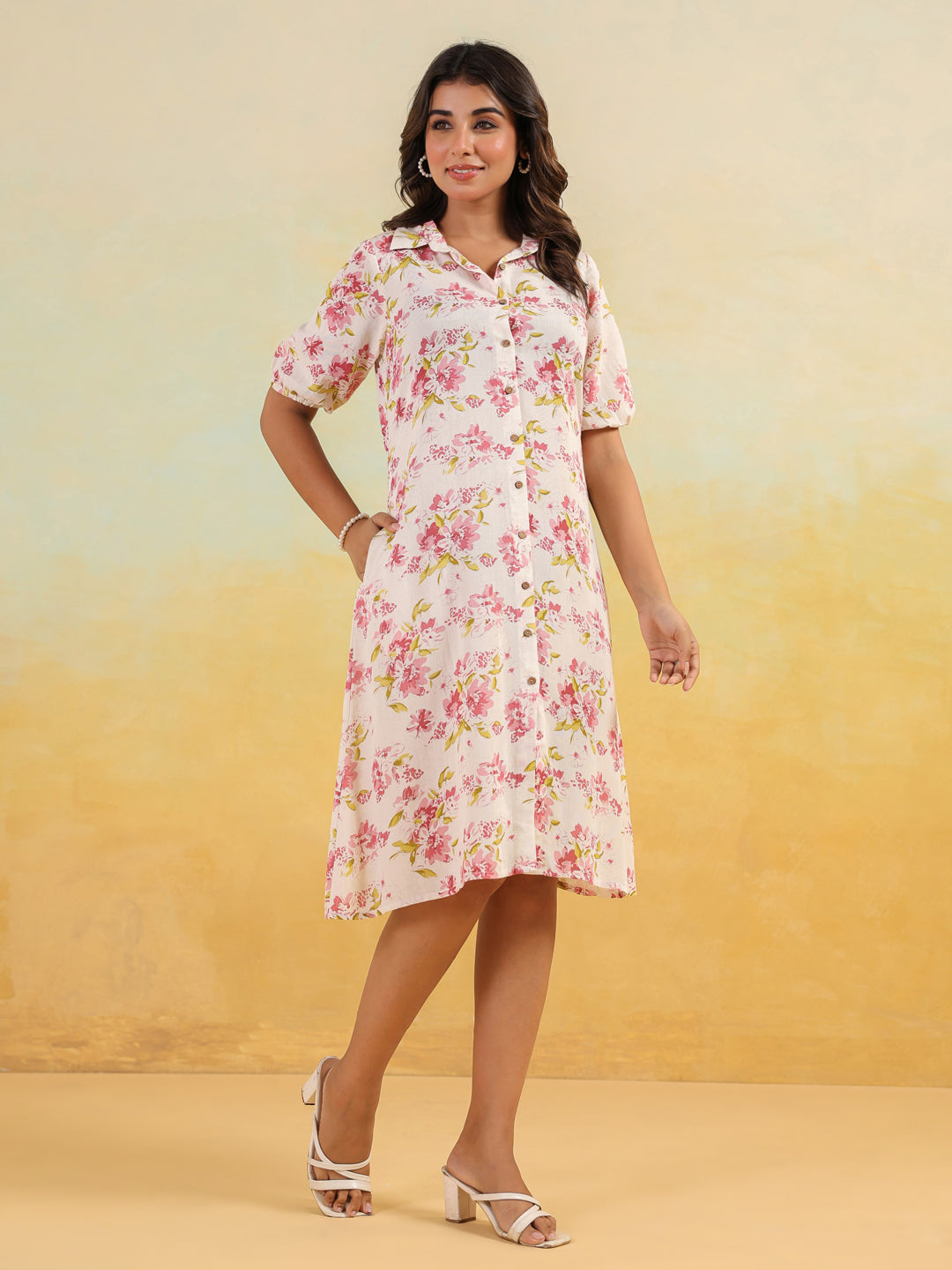 Janasya Light Cotton Floral A-Line Dress | Swadesiicart