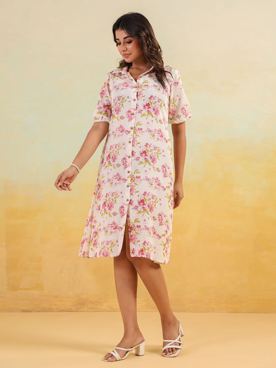 Janasya Light Cotton Floral A-Line Dress | Swadesiicart