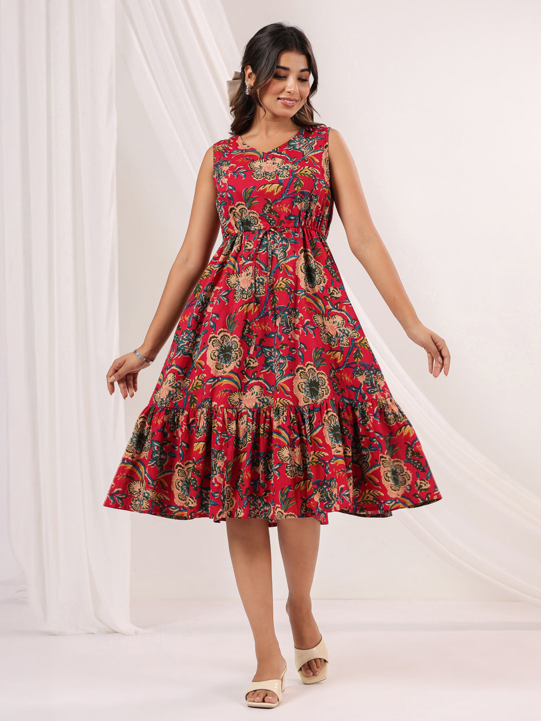 Janasya Bright Cotton Floral Fit & Flare Dress | Swadesiicart