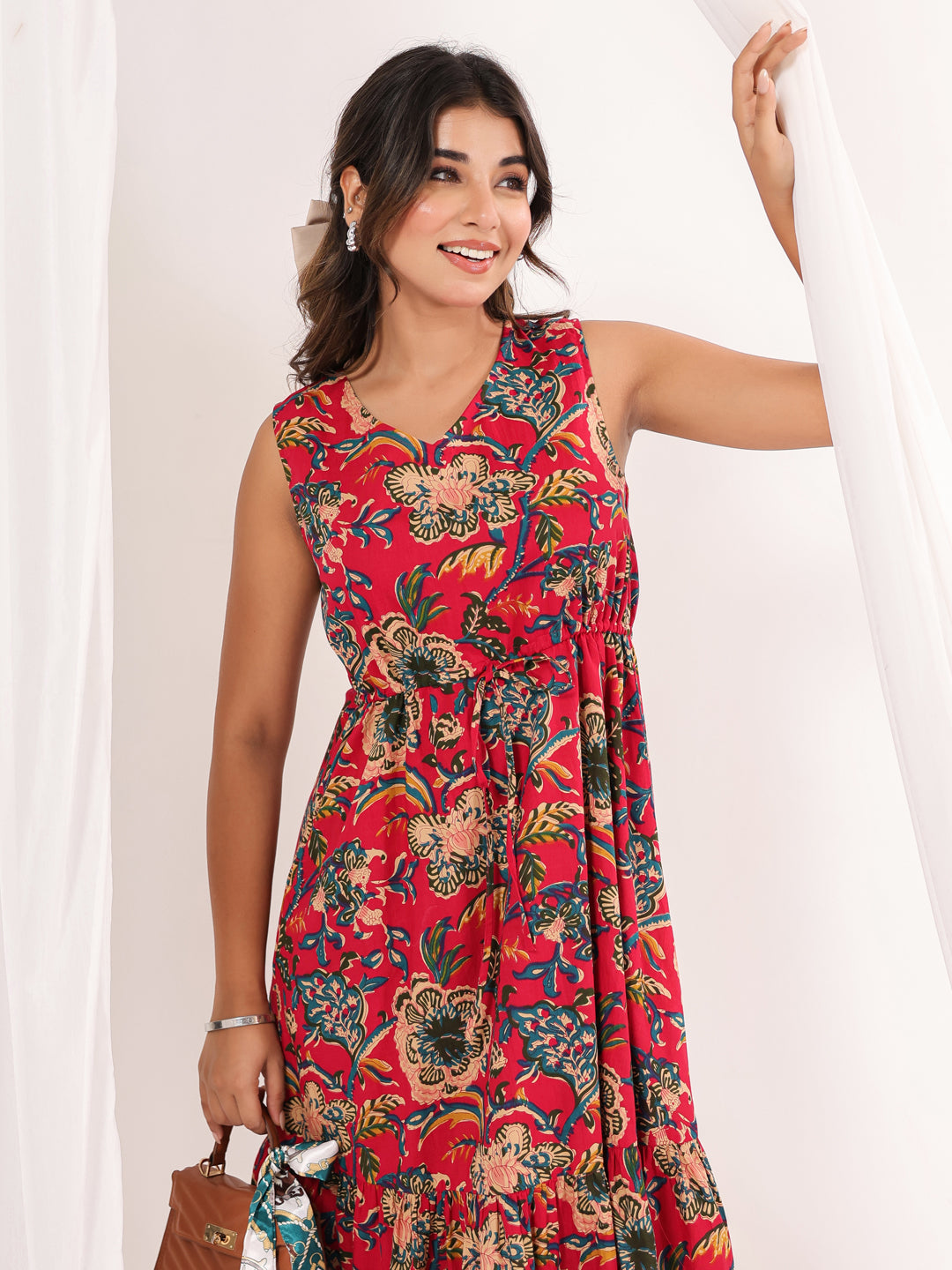 Janasya Bright Cotton Floral Fit & Flare Dress | Swadesiicart