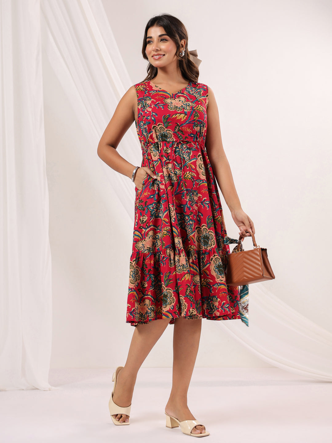 Janasya Bright Cotton Floral Fit & Flare Dress | Swadesiicart