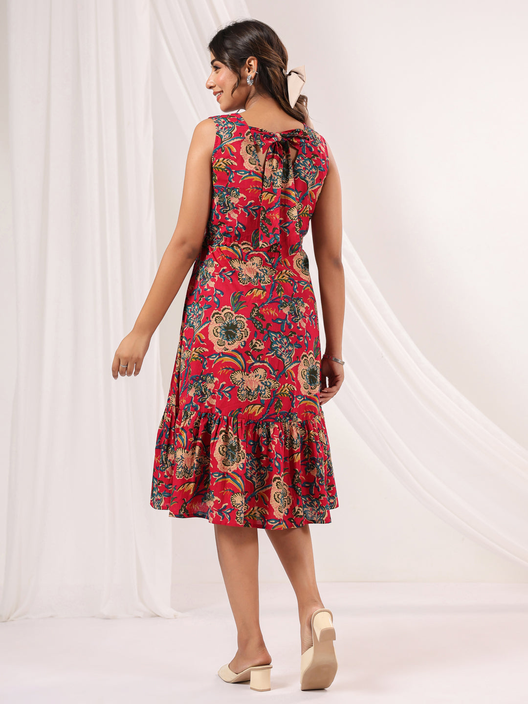 Janasya Bright Cotton Floral Fit & Flare Dress | Swadesiicart