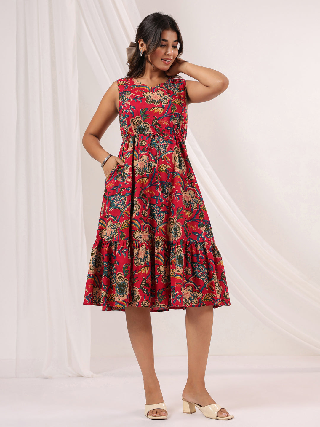 Janasya Bright Cotton Floral Fit & Flare Dress | Swadesiicart