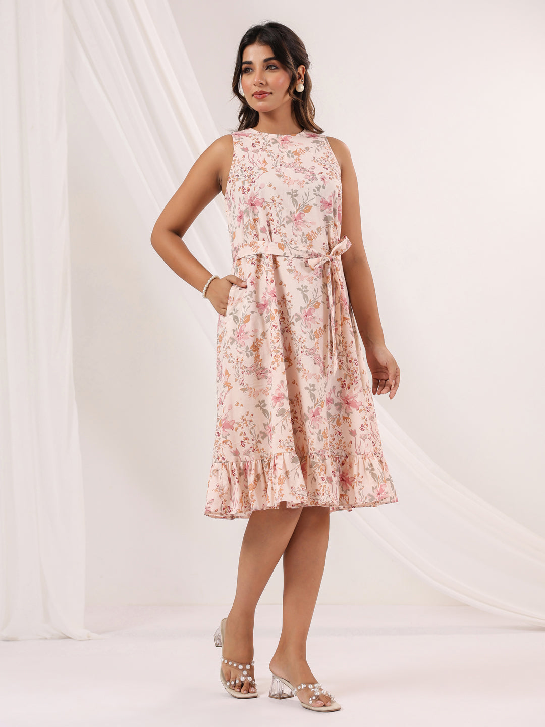 Janasya Light Cotton Floral A-Line Dress | Swadesiicart