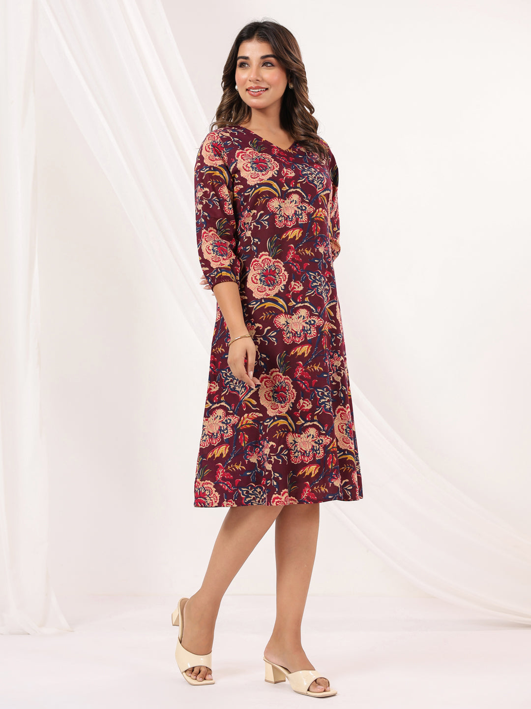 Janasya Dark Cotton Floral A-Line Dress | Swadesiicart