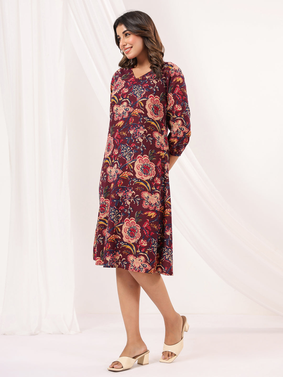 Janasya Dark Cotton Floral A-Line Dress | Swadesiicart