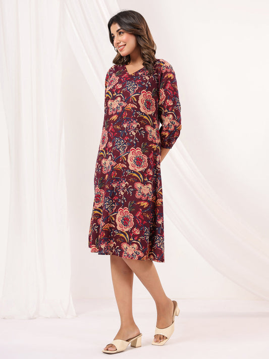 Janasya Dark Cotton Floral A-Line Dress | Swadesiicart