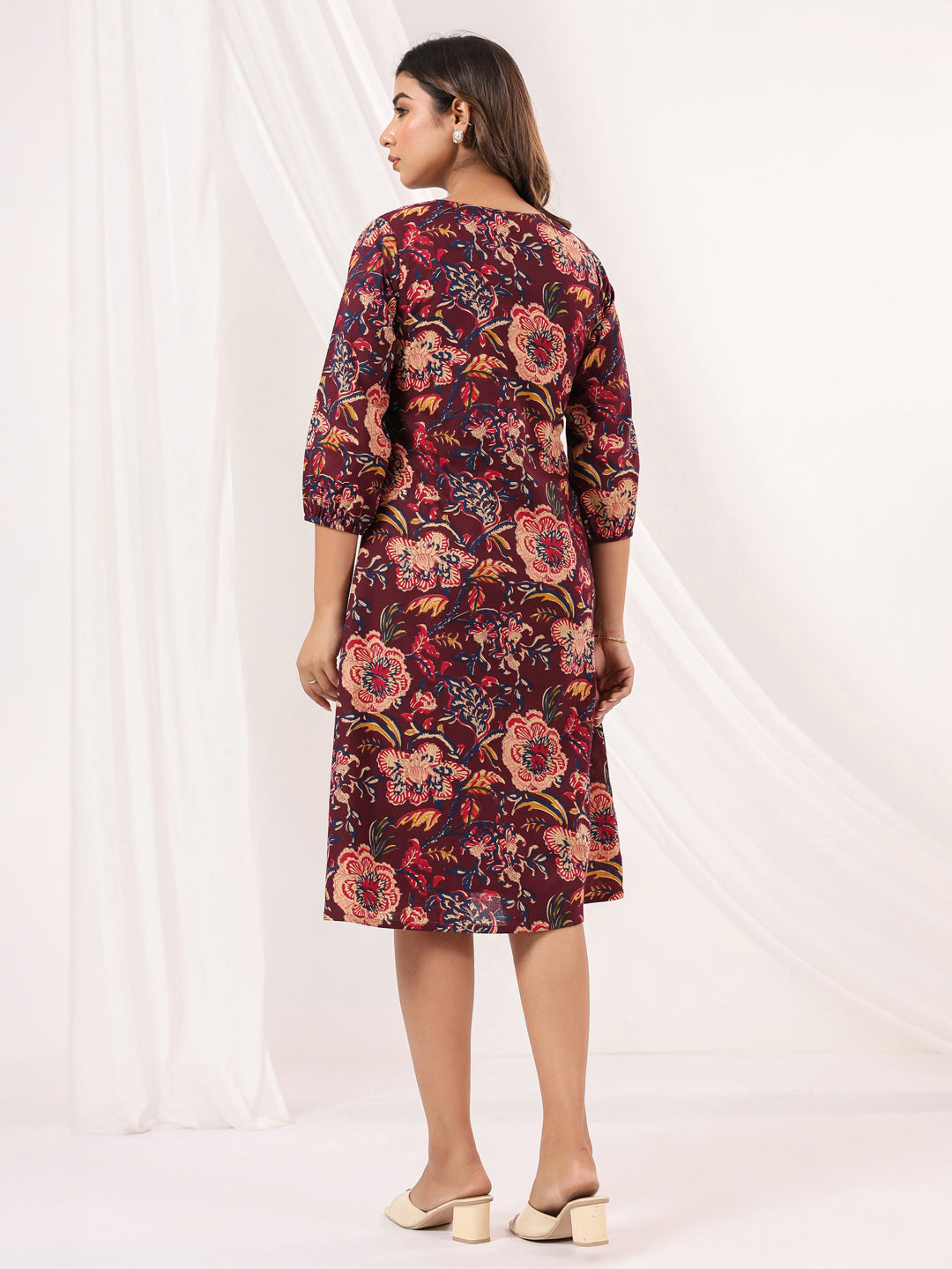 Janasya Dark Cotton Floral A-Line Dress | Swadesiicart