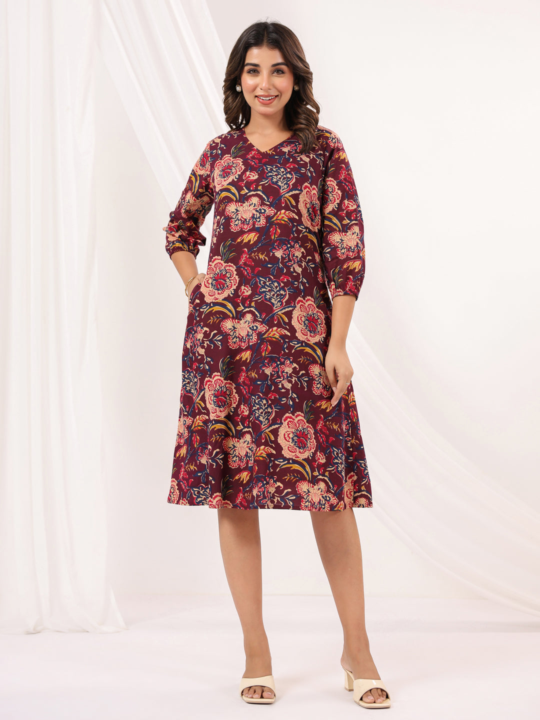 Janasya Dark Cotton Floral A-Line Dress | Swadesiicart