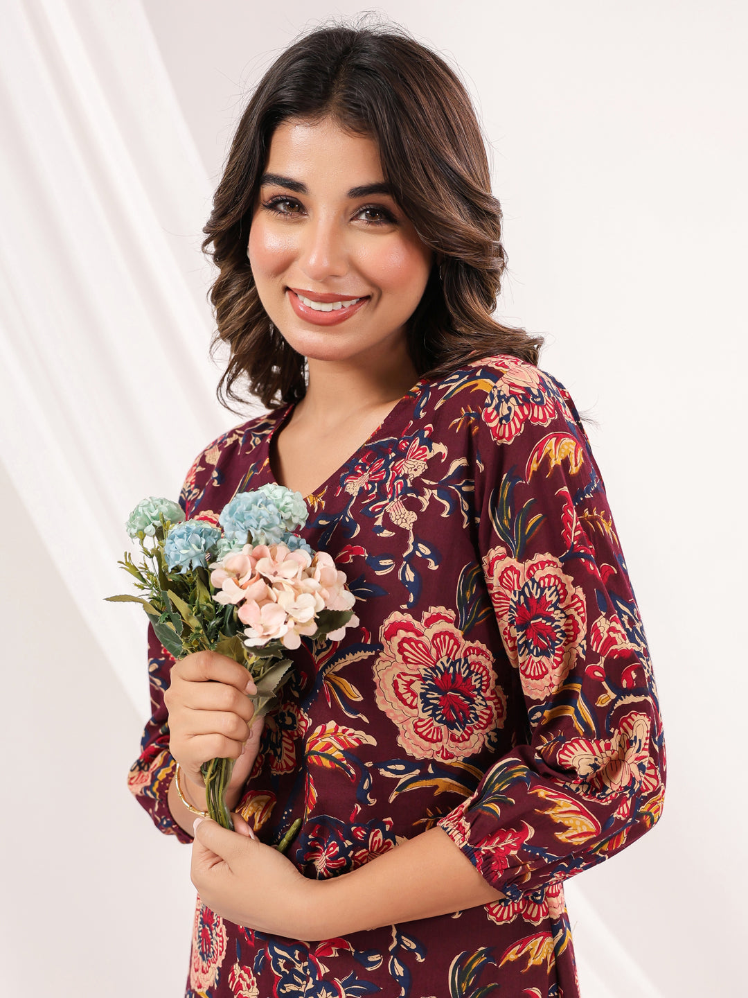 Janasya Dark Cotton Floral A-Line Dress | Swadesiicart