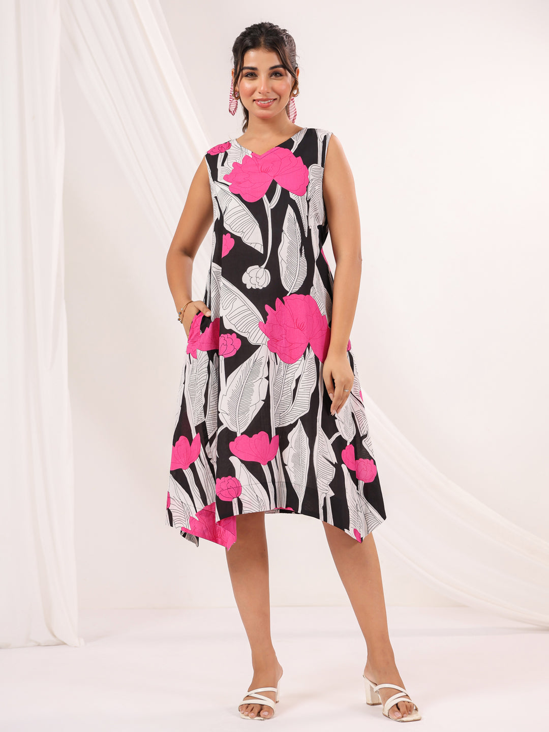 Janasya Dark Cotton Floral Handkerchief Dress | Swadesiicart