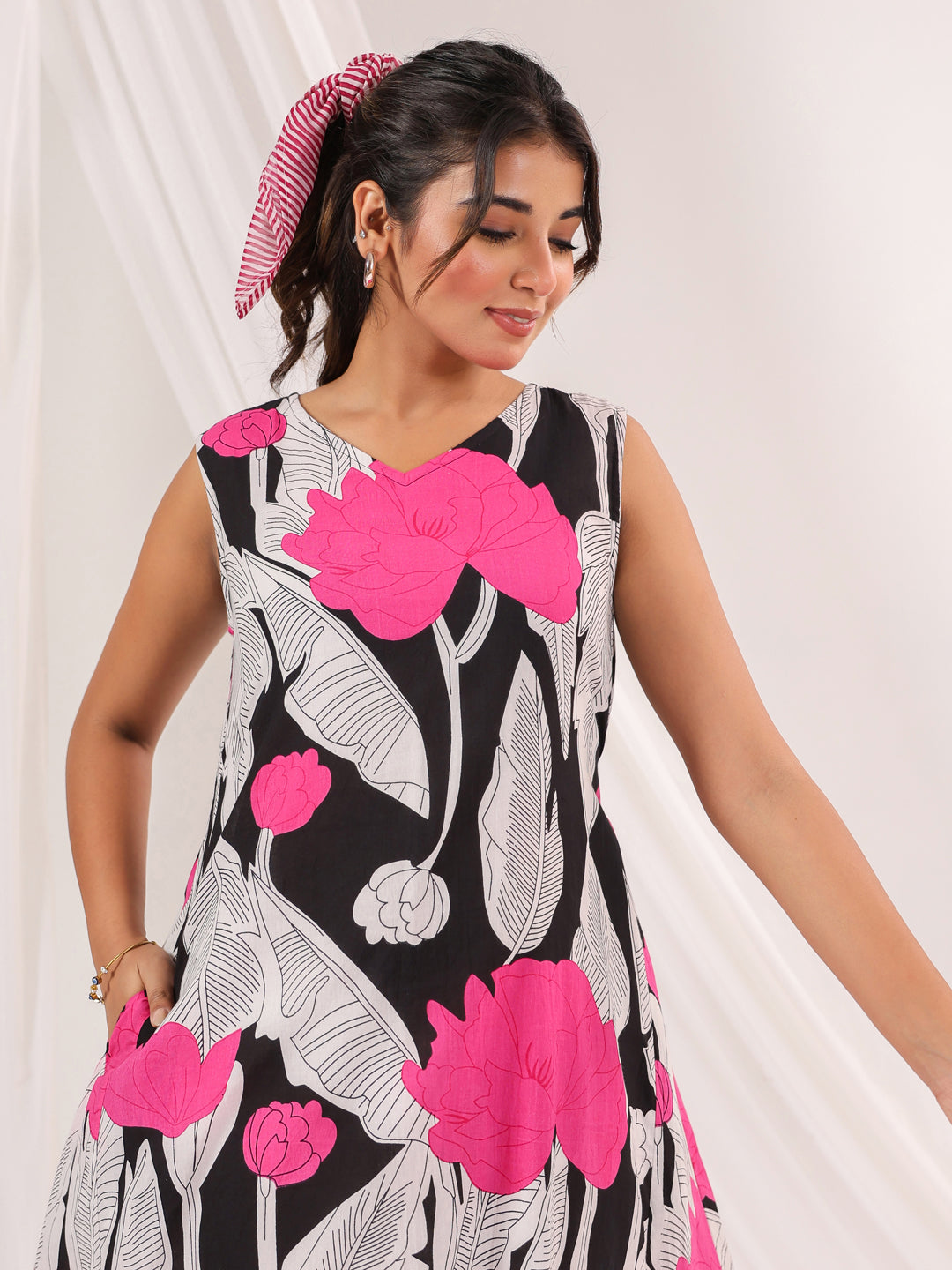 Janasya Dark Cotton Floral Handkerchief Dress | Swadesiicart
