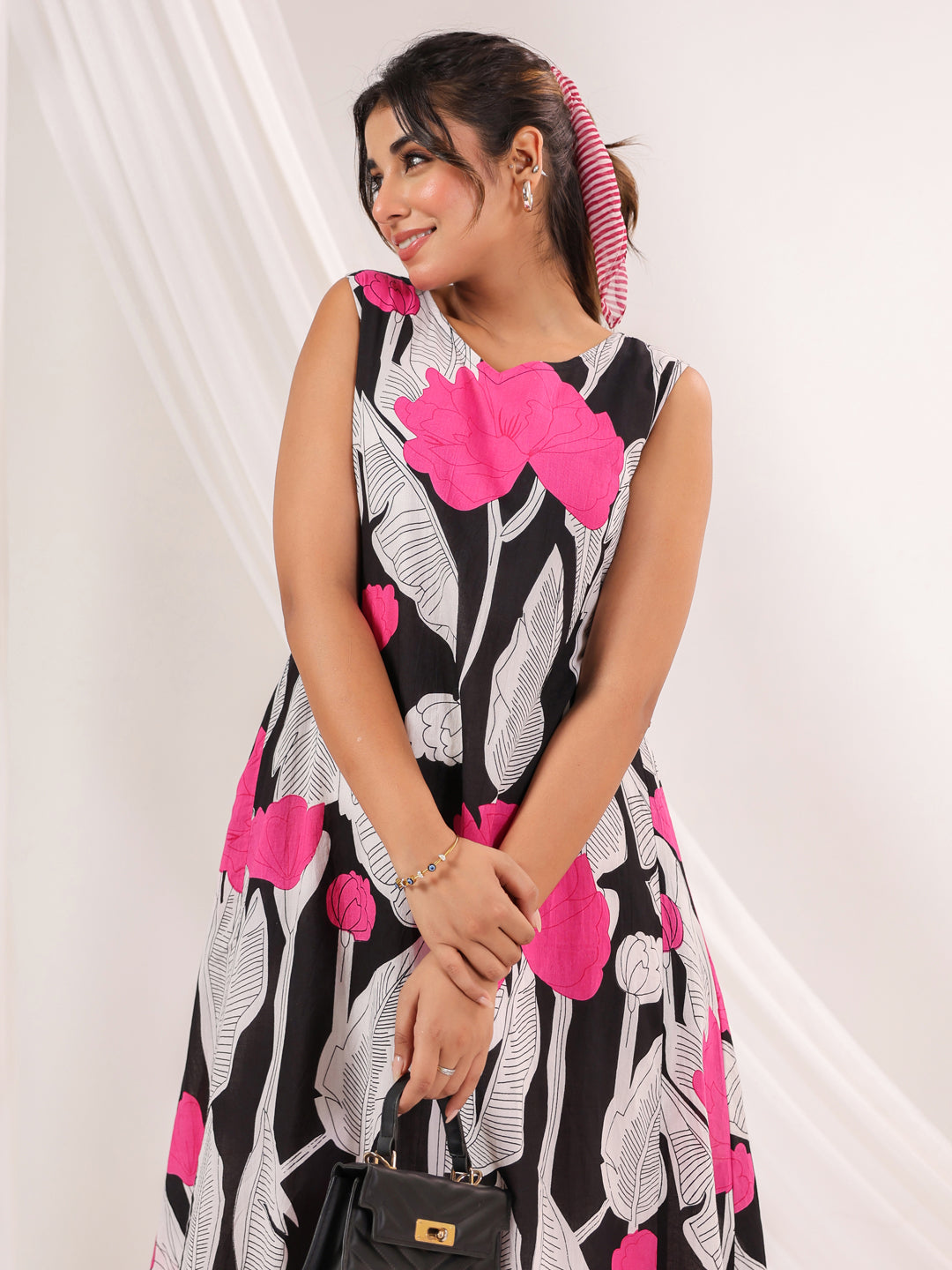 Janasya Dark Cotton Floral Handkerchief Dress | Swadesiicart