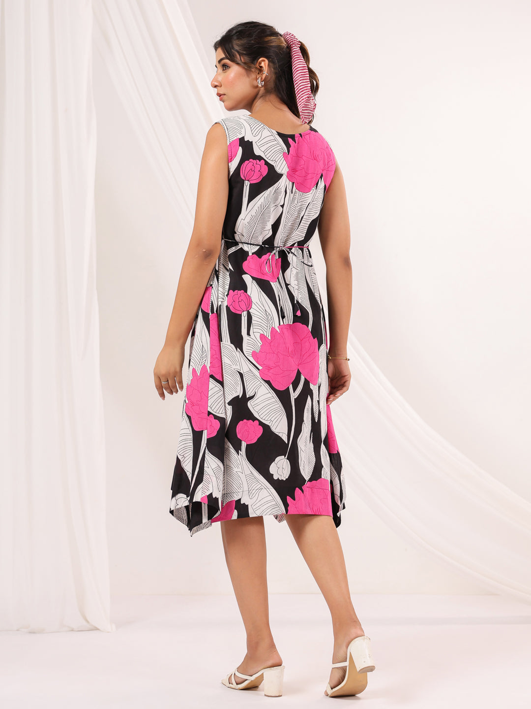 Janasya Dark Cotton Floral Handkerchief Dress | Swadesiicart