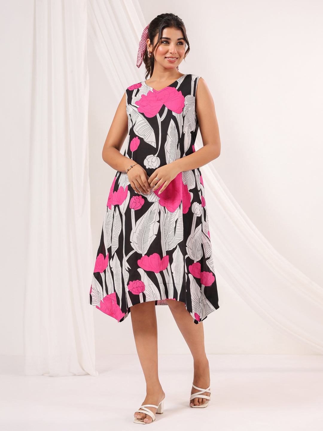 Janasya Dark Cotton Floral Handkerchief Dress | Swadesiicart