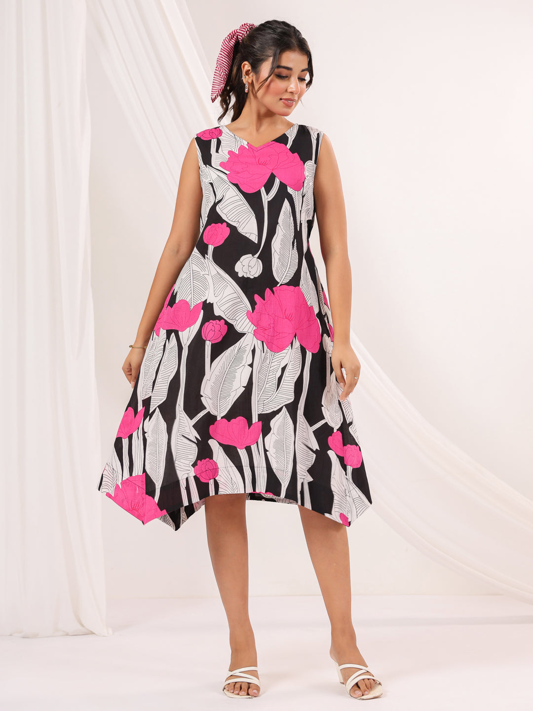 Janasya Dark Cotton Floral Handkerchief Dress | Swadesiicart
