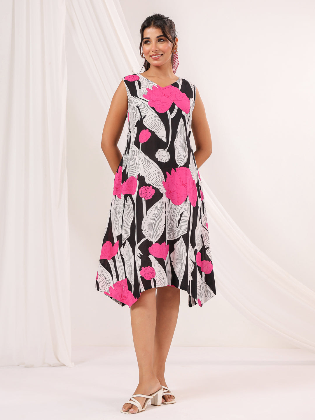 Janasya Dark Cotton Floral Handkerchief Dress | Swadesiicart