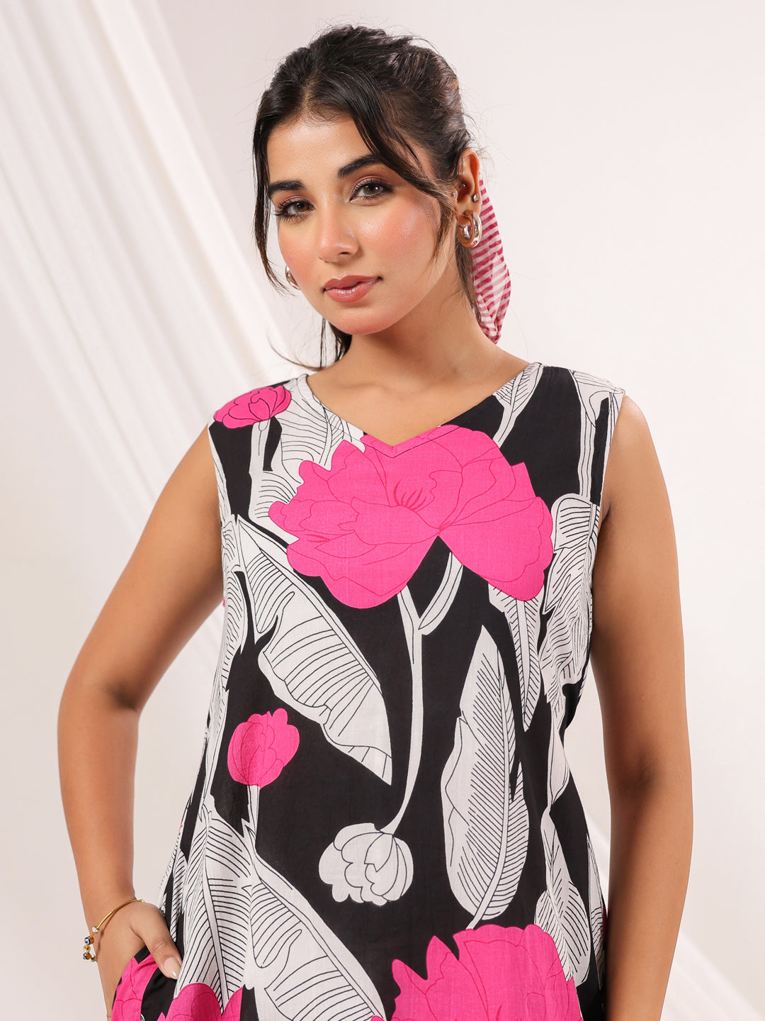 Janasya Dark Cotton Floral Handkerchief Dress | Swadesiicart