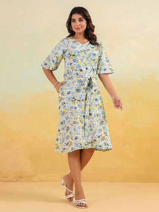 Janasya Light Cotton Floral A-Line Dress | Swadesiicart