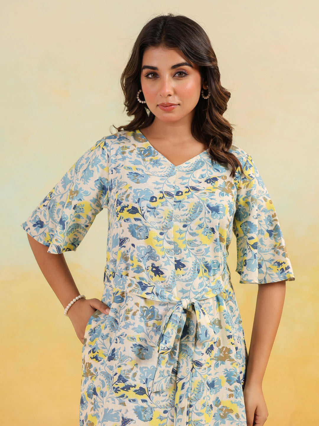 Janasya Light Cotton Floral A-Line Dress | Swadesiicart