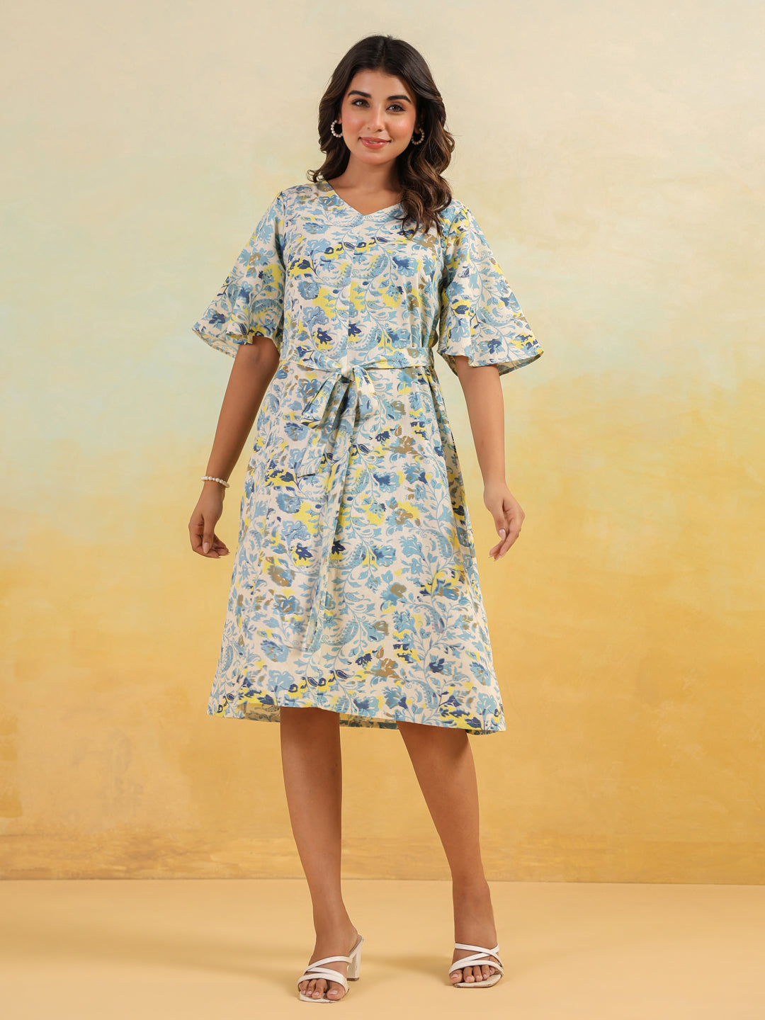 Janasya Light Cotton Floral A-Line Dress | Swadesiicart
