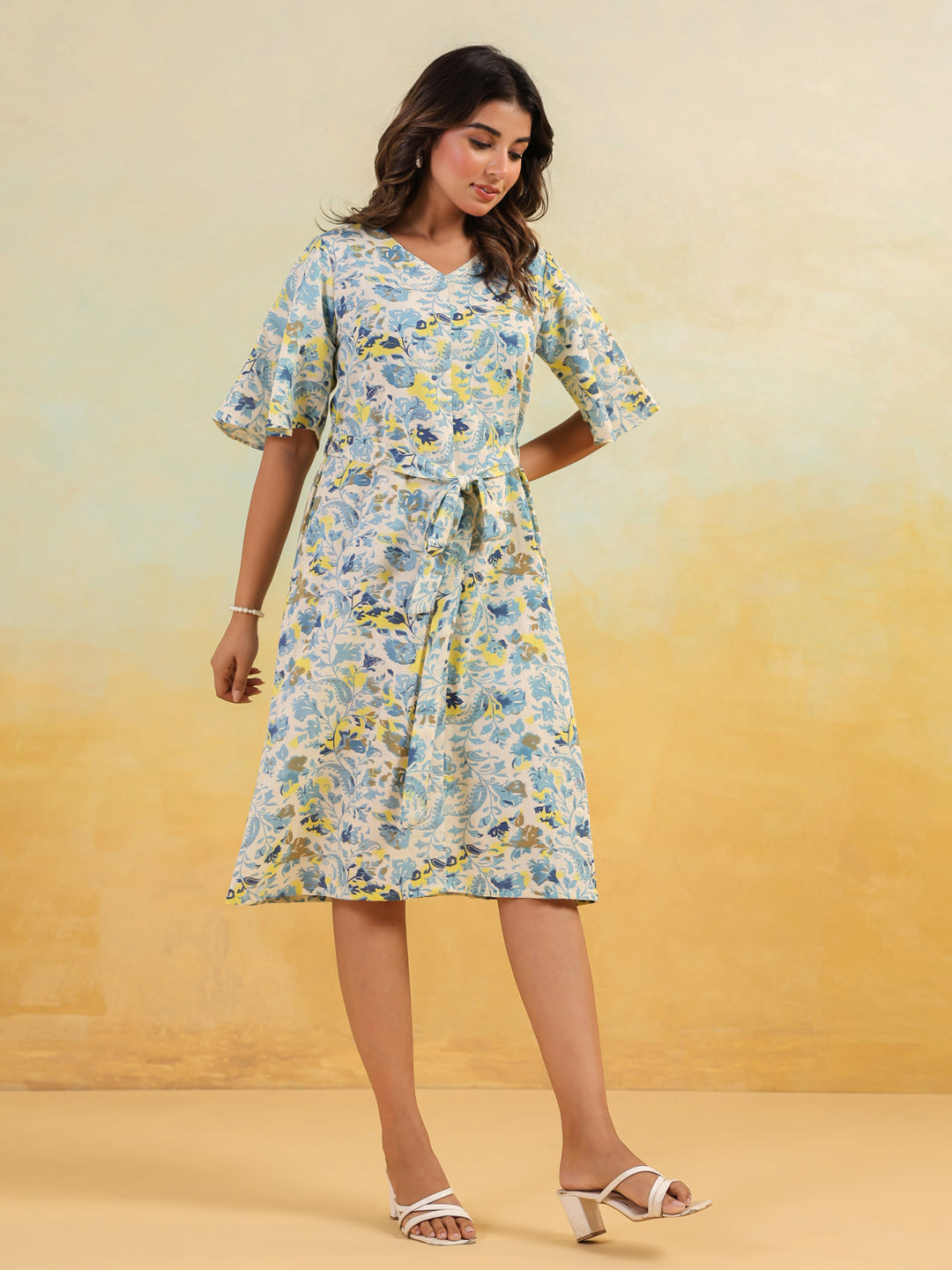 Janasya Light Cotton Floral A-Line Dress | Swadesiicart