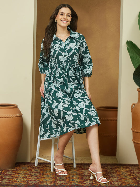 Janasya Dark Cotton Floral Fit & Flare Dress | Swadesiicart