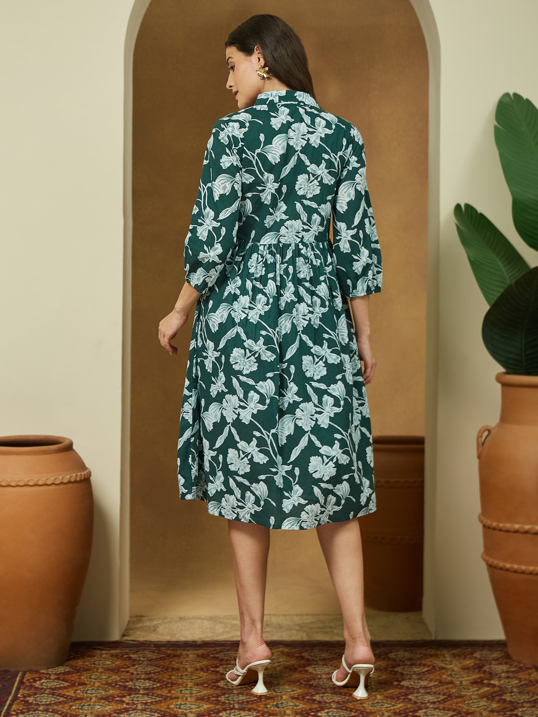 Janasya Dark Cotton Floral Fit & Flare Dress | Swadesiicart