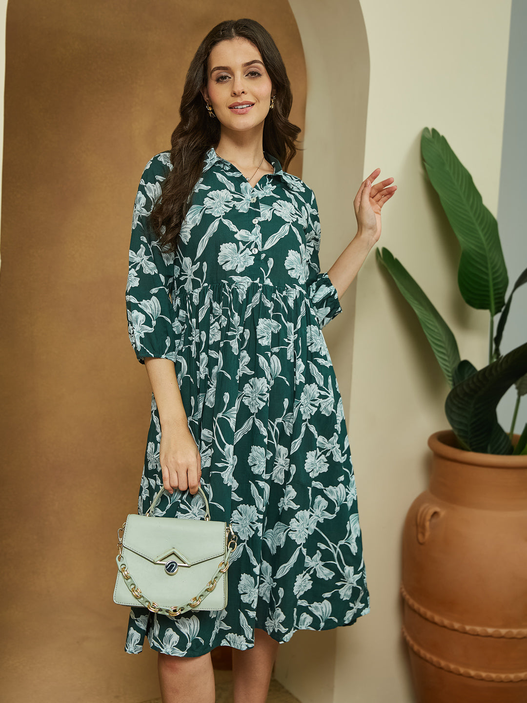 Janasya Dark Cotton Floral Fit & Flare Dress | Swadesiicart