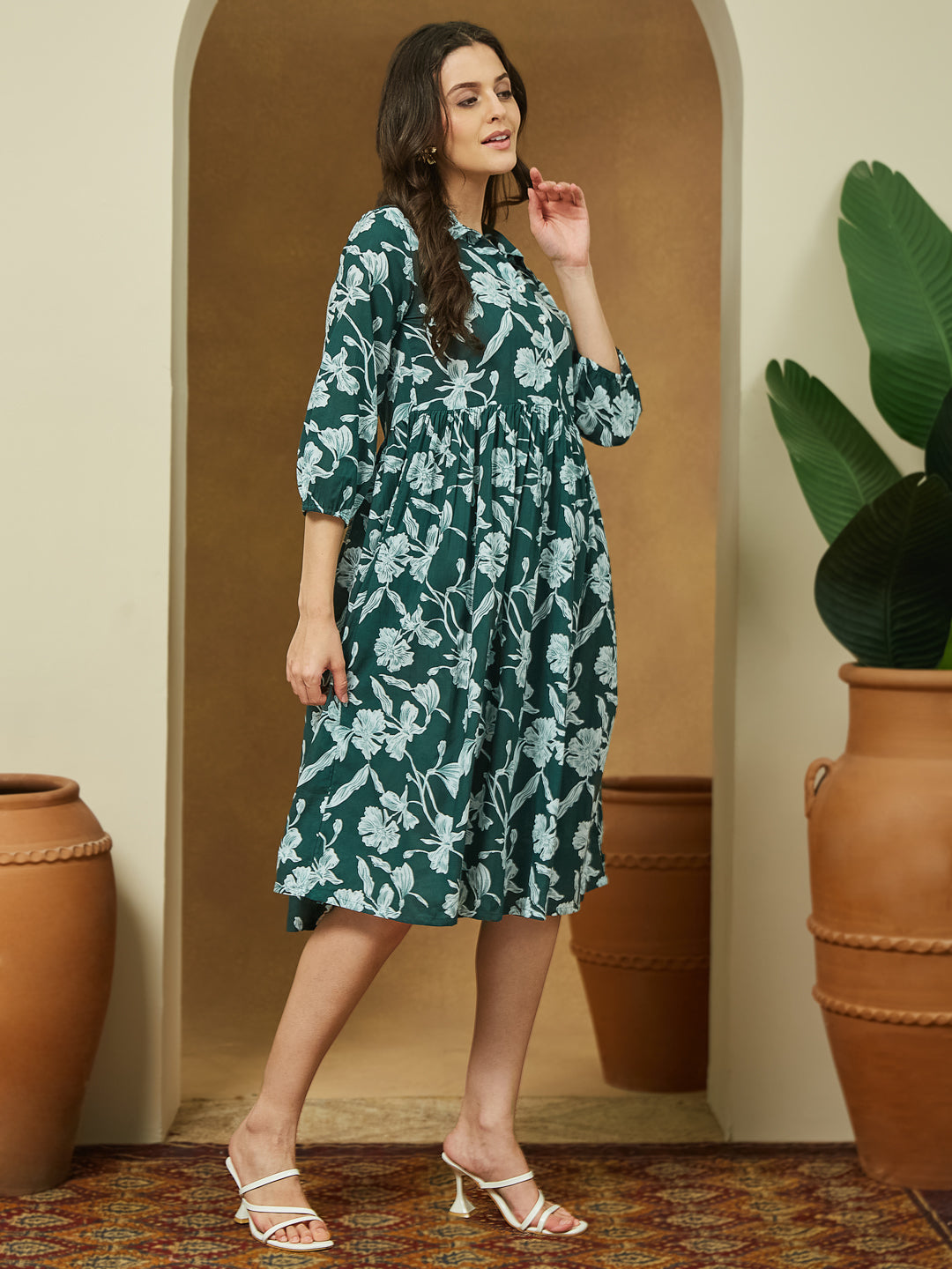 Janasya Dark Cotton Floral Fit & Flare Dress | Swadesiicart