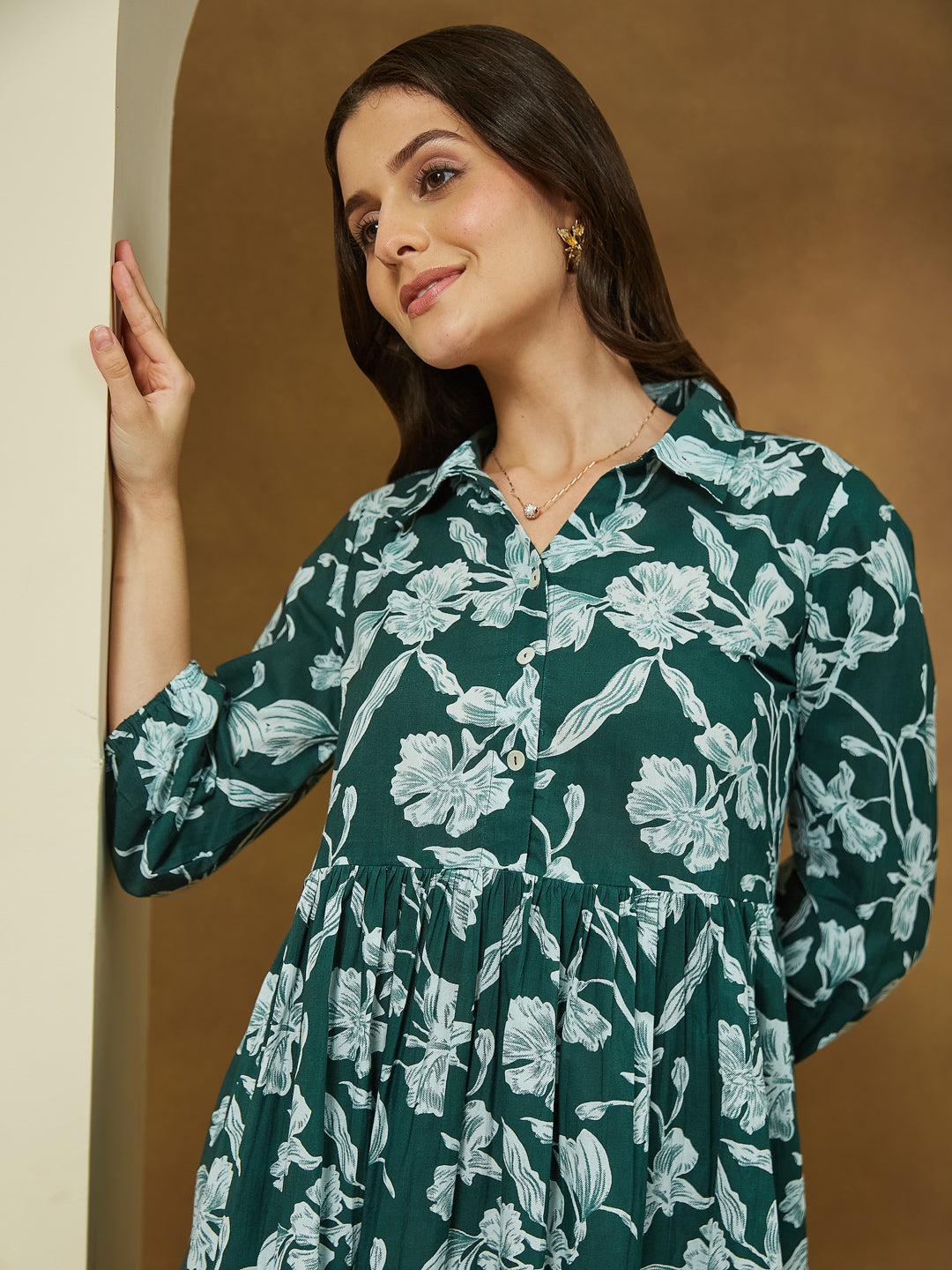 Janasya Dark Cotton Floral Fit & Flare Dress | Swadesiicart