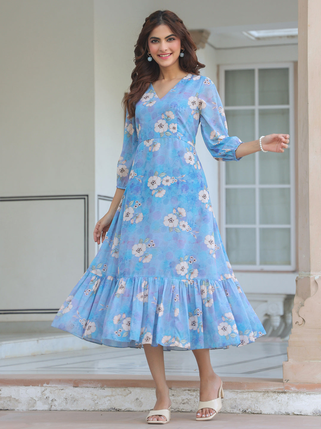 Janasya Light Georgette Floral A-Line Dress | Swadesiicart
