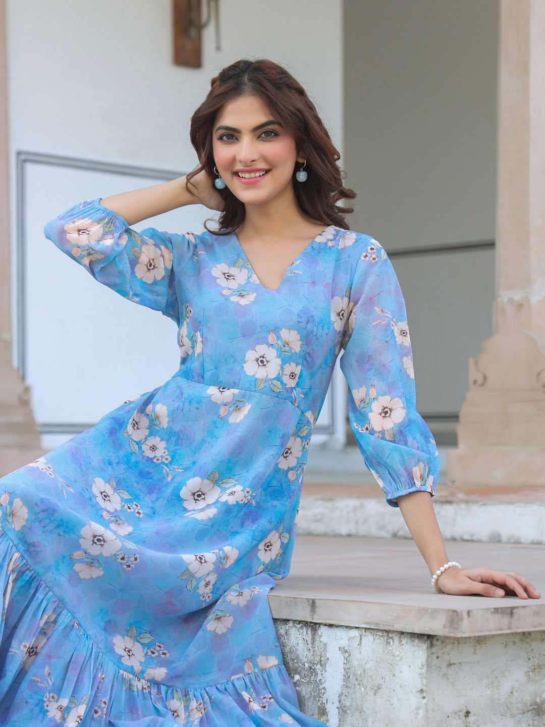 Janasya Light Georgette Floral A-Line Dress | Swadesiicart