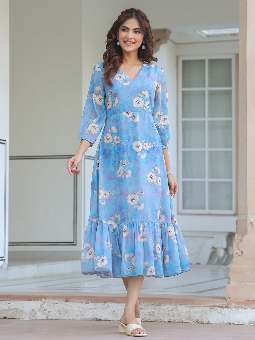 Janasya Light Georgette Floral A-Line Dress | Swadesiicart