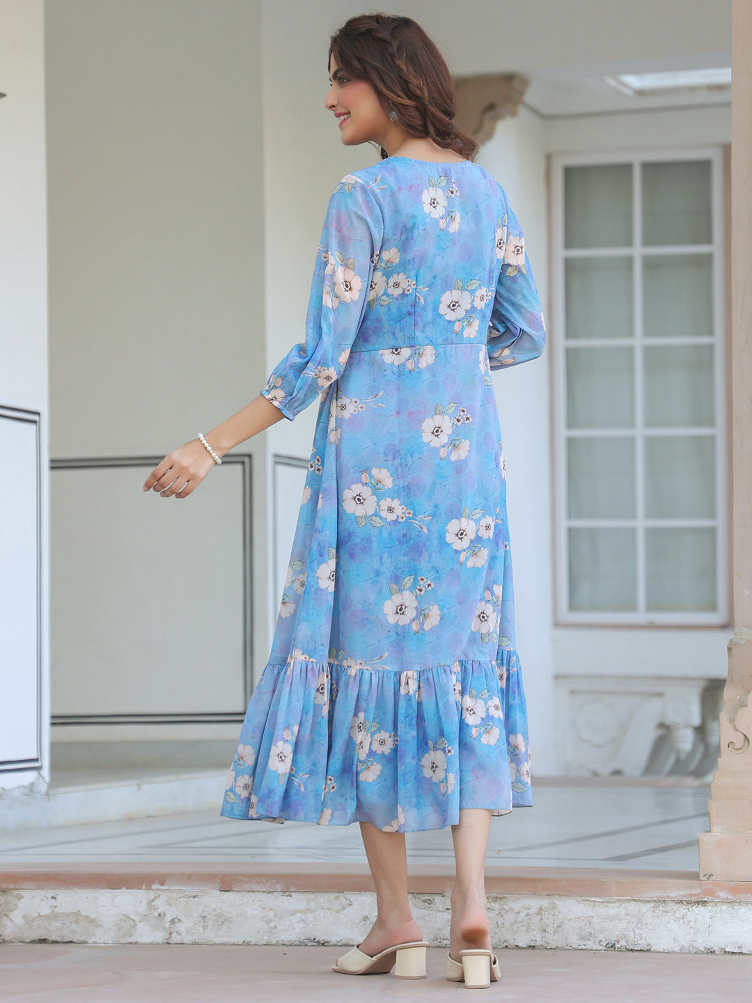 Janasya Light Georgette Floral A-Line Dress | Swadesiicart