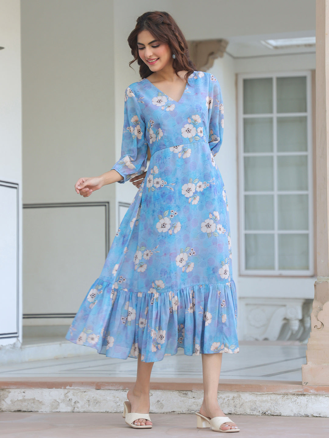 Janasya Light Georgette Floral A-Line Dress | Swadesiicart