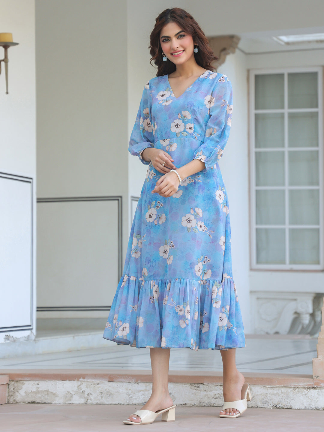 Janasya Light Georgette Floral A-Line Dress | Swadesiicart