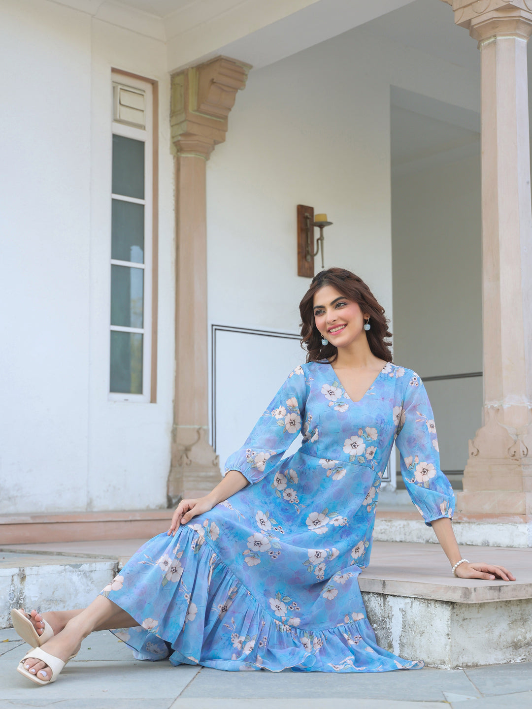 Janasya Light Georgette Floral A-Line Dress | Swadesiicart
