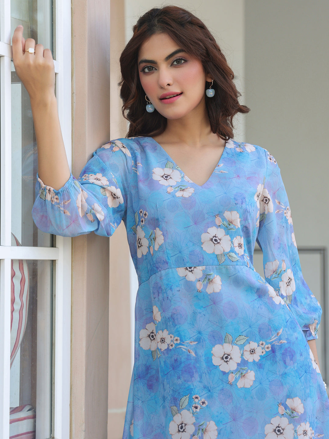 Janasya Light Georgette Floral A-Line Dress | Swadesiicart