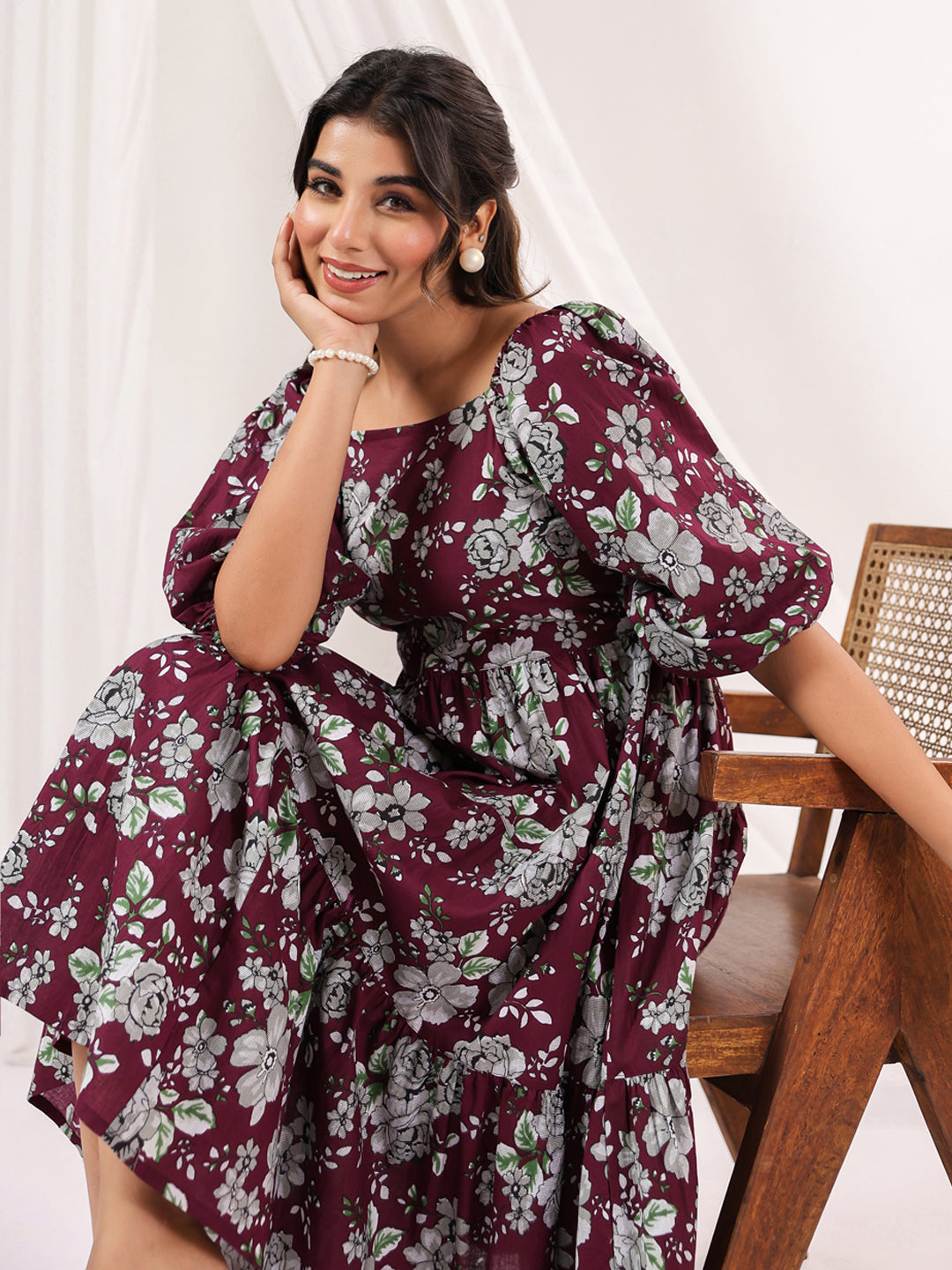 Janasya Dark Cotton Floral Tiered Dress | Swadesiicart