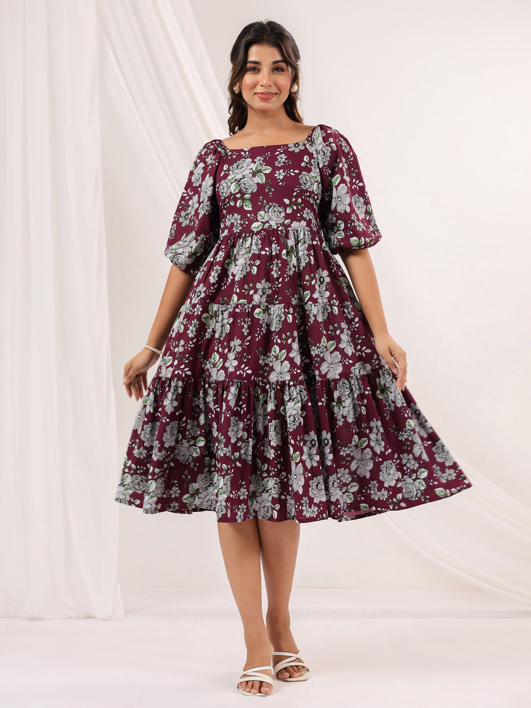 Janasya Dark Cotton Floral Tiered Dress | Swadesiicart