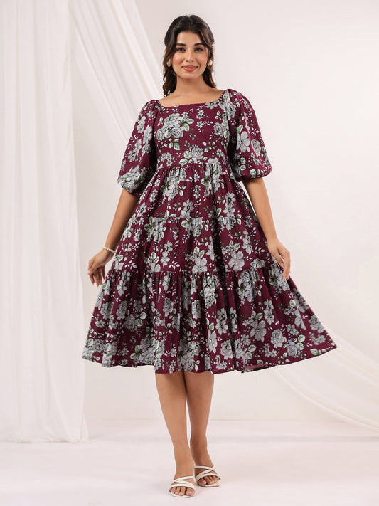 Janasya Dark Cotton Floral Tiered Dress | Swadesiicart