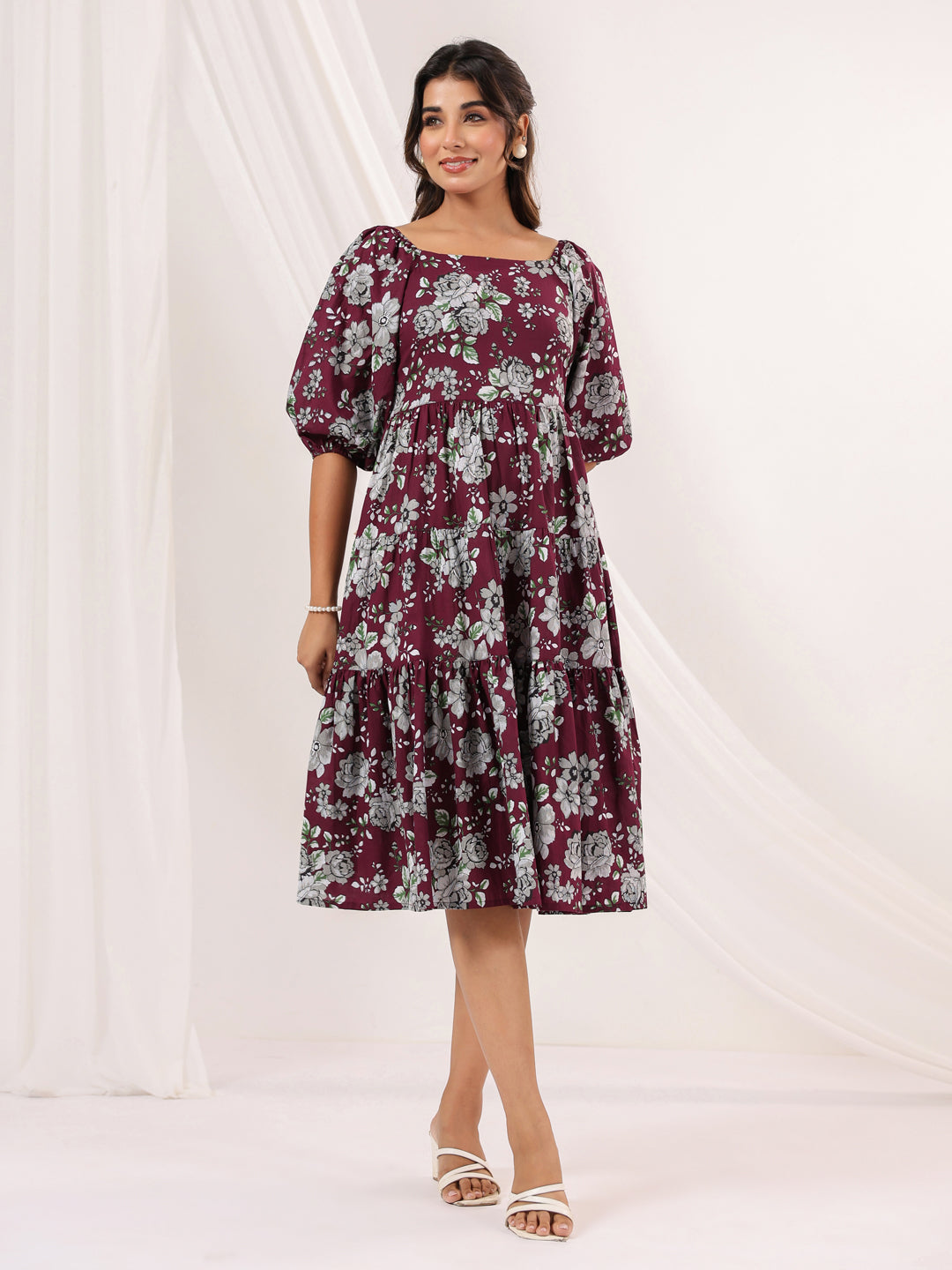 Janasya Dark Cotton Floral Tiered Dress | Swadesiicart