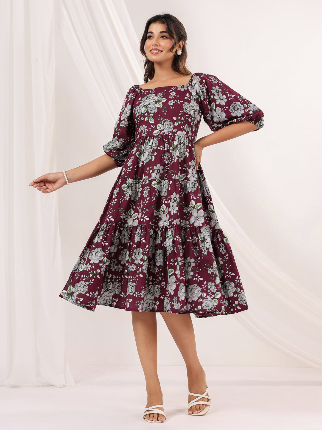 Janasya Dark Cotton Floral Tiered Dress | Swadesiicart
